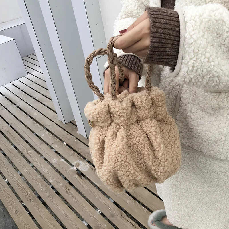 

New Designer Lady Lamb wool Handbags Solid Color winter Korean style simple casual Small crossbody bag for women