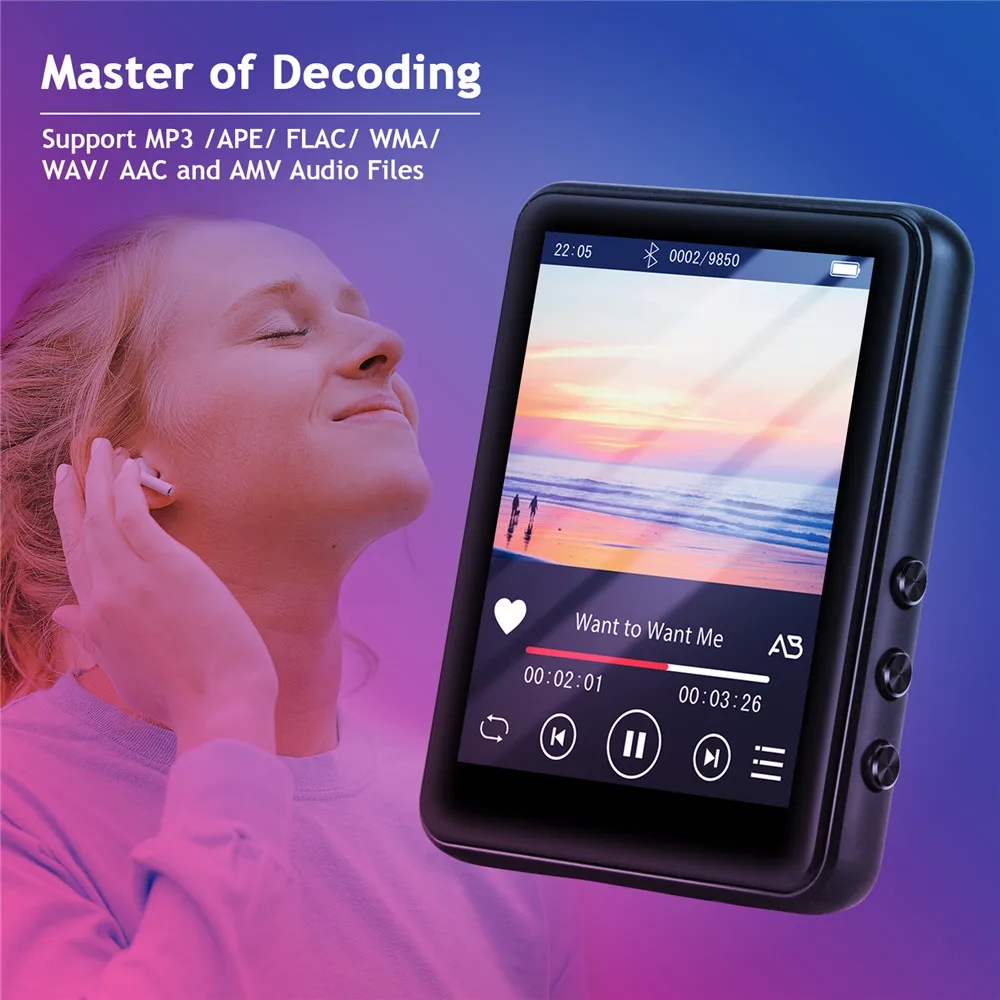 Сенсорный экран Экран MP3 плеер с Bluetooth 4 Гб памяти Walkman FM радио Запись Hi Fi