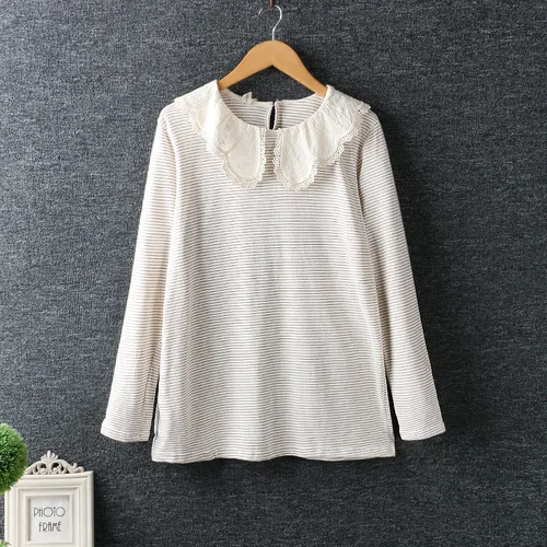 light khaki Осенне-зимняя женская Повседневная футболка одежда Мори девушка вышивка крючком Peterpan Воротник полосатая женская футболка Трикотажная хлопковая рубашка Топы - Цвет: light khaki
