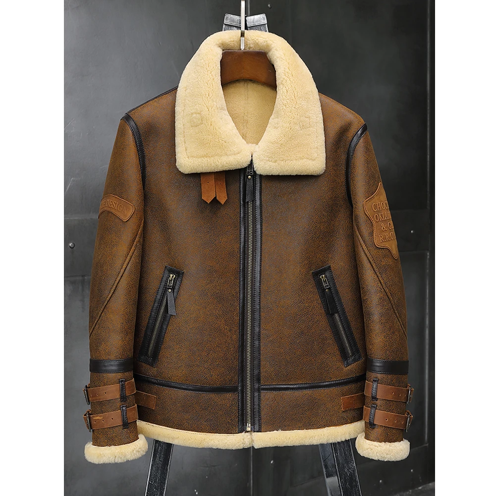 Новинка, мужская куртка из овчины B3, кожаная куртка с отворотом, бейдж, авиация, летное пальто, зимнее мужское меховое пальто