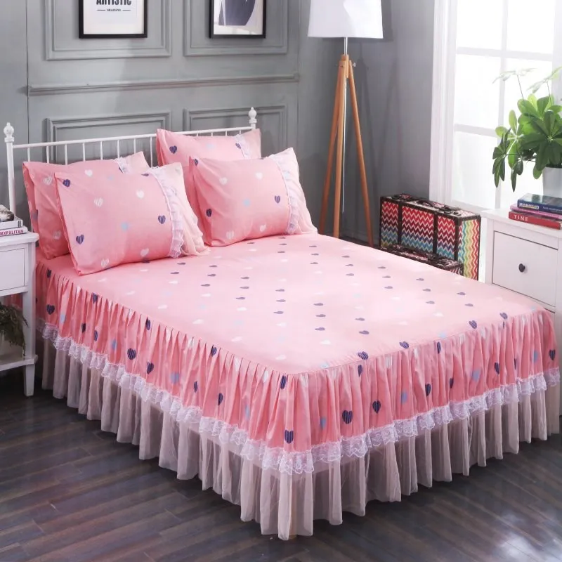 1pc Bed Skirt+2pcs Pillowcases Bedding Set Romantic Lace Bed Skirt Set Ruffle Soft Fitted Bed Sheet Queen King Size Bed Skirt - Цвет: Color 2