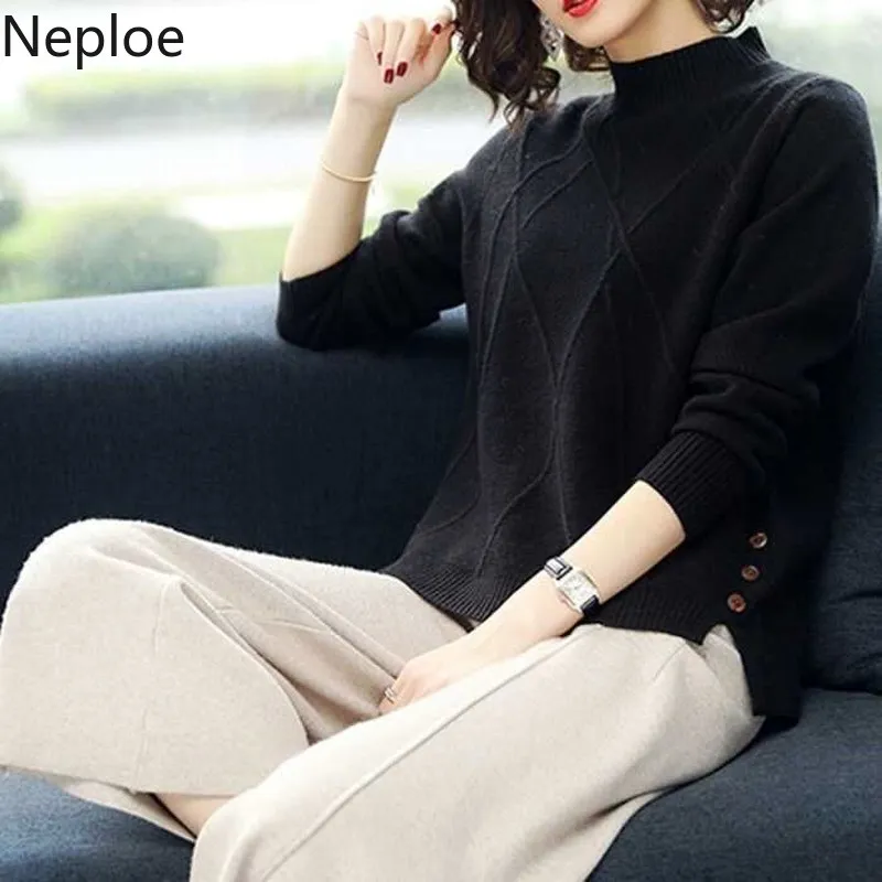 Skup Neploe koreański luźne dzikie sweter z dzianiny z golfem przycisk sweter odzież damska jesień zima stałe swetry 45510