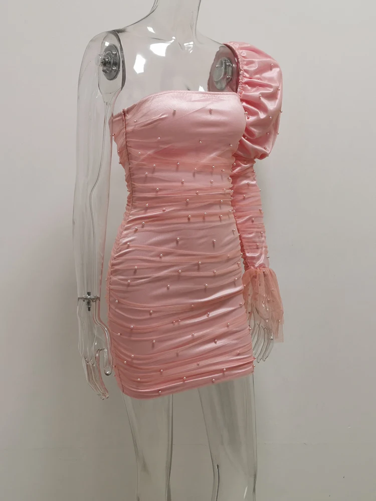 JillPeri, женские вечерние платья знаменитостей, сексуальное мини-платье на одно плечо с пышными рукавами и вырезом лодочкой, высокая эластичность, с жемчугом, с рюшами