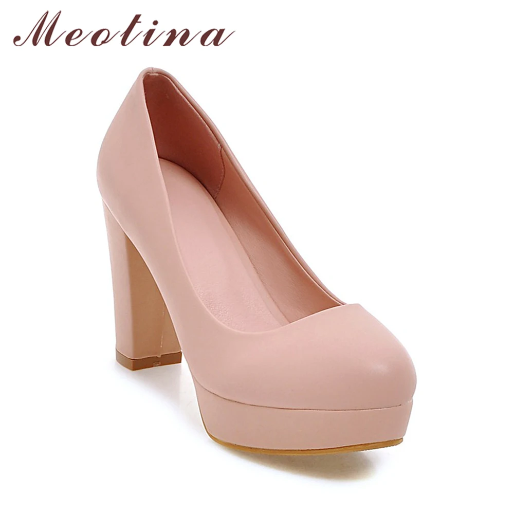 Meotina Shoes Women Platform High Heels Pumps Round Toe Block Heel Shoes Female Dress Footwear Spring White Pink Big Size 33-43