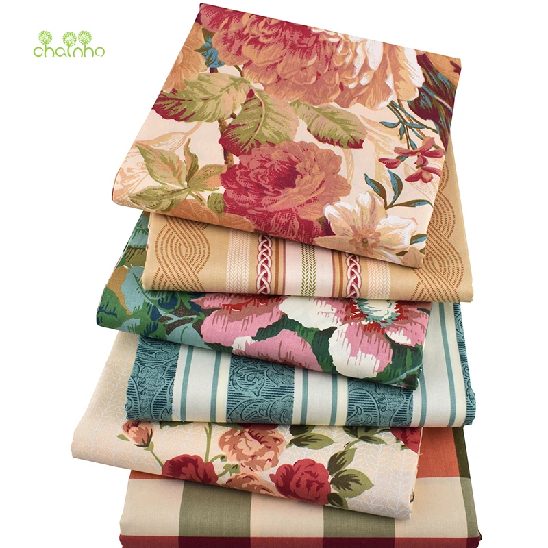 Chainho,Printed Twill Weave Cotton Fabric,DIY Sewing Quilting Material,Home Textiles Patchwork Cloths,Floral Series,20x25cm
