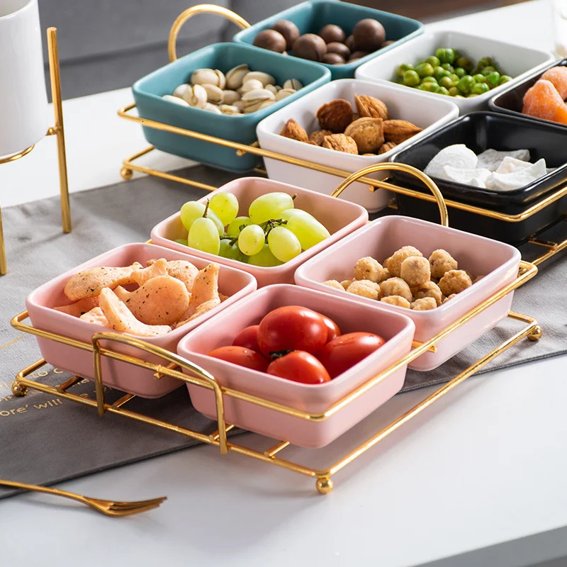 

Ceramic Food Tray with Dividers Creative Household Fruit Bowl Snack Storage Tray with Iron Stand Decoration Trays Salad Bowl