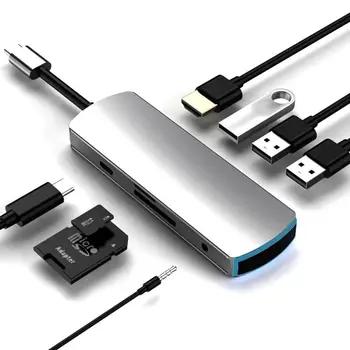 

8 In 1 Multifunction USB C Hub Aluminum USB3.0 Splitter Switcher Indicator Light