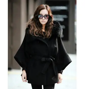 

Women's Luxury Double Breasted Batwing Cape Poncho Coat Jacket Fur Collar Hooded
