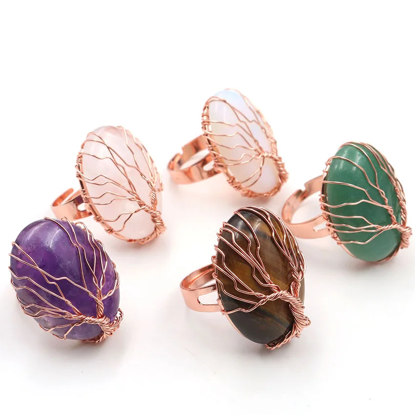 XSM Oval Shape Natural Stone Finger Rings Crystal Quartzs Wire Wrapped Tree of Life Resizable Ring Charms Jewelry Making 1 Pcs | Украшения