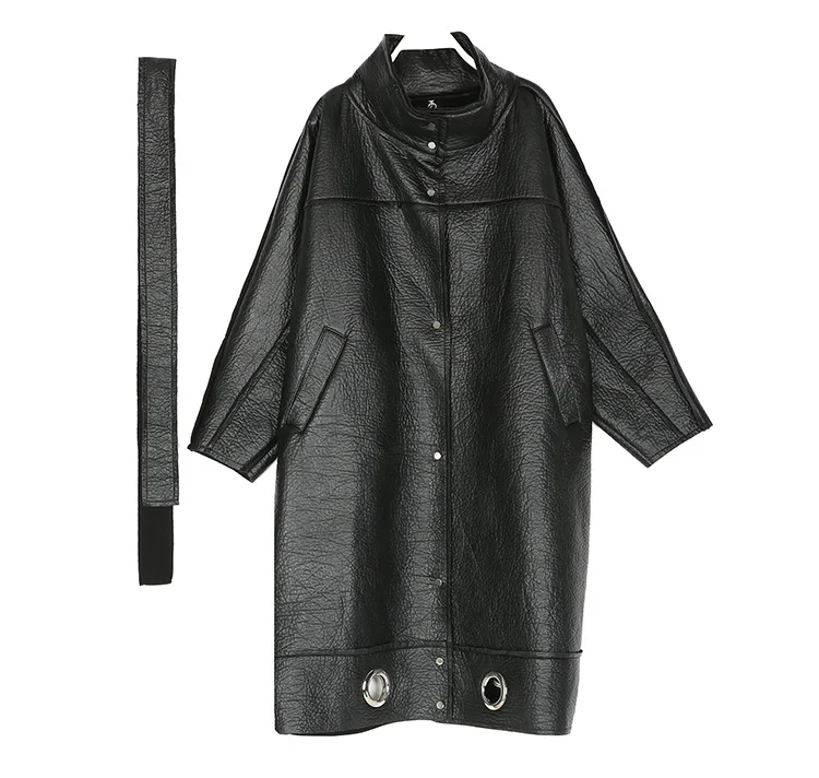 Новинка, корейский стиль, женский зимний черный Тренч из искусственной кожи, Женская длинная куртка из искусственной кожи, верхняя одежда J226