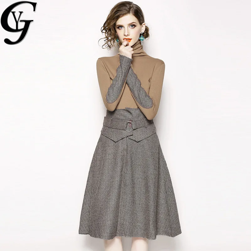 

2020 Ulzzang Fashion Women Two Piece Sets Autumn Winter Turtleneck Top + A Line Skirt Sweat Suits Women Two Piece Outfits Sets