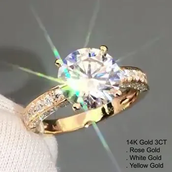 

14K Yellow Gold 3 Carat Moissanite Diamond Ring Women Round CROWN Classic Wedding Party Engagement Anniversary Ring 3 Ct D Color