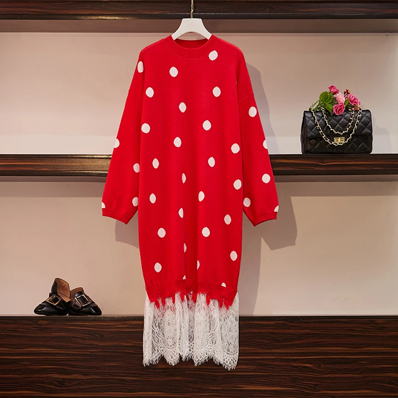 Red 3XL 4XL свободное осенне-зимнее платье-свитер большого размера женские модные Лоскутные кружевные вязаные элегантные платья в горошек длинные женские - Цвет: Red