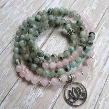 

6mm Rose Quartz flower speckle Gemstone Mala Bracelet 108 Bead Fancy energy Multi-color Nepal natural Wristband Veins