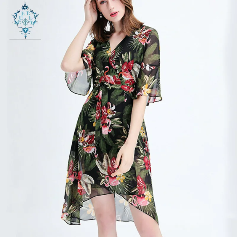 

CURLY 2019 creative flamingo print lace-up midi sleeve light perspective women dress elegant V-neck irregular summer dresses