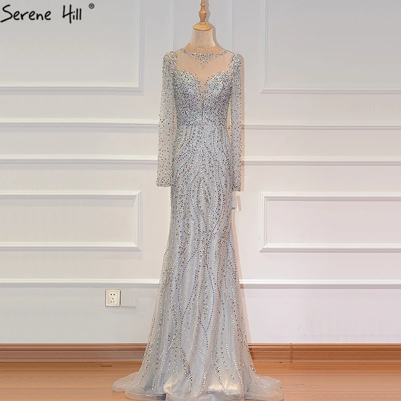 Дубай сексуальное серое вечернее платье с длинным рукавом роскошное вечернее платье Русалка с кристаллами и бисером Serene Хилл LA6506