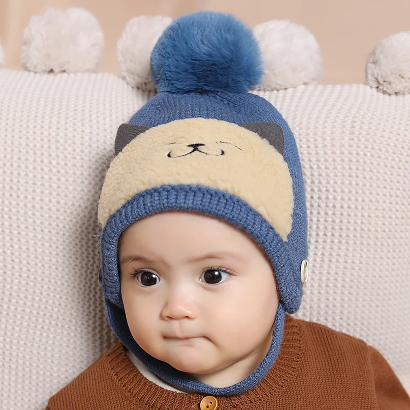 Новая шерстяная вязаная шапочка для малышей, теплые милые зимние детские шапки с котом и помпонами