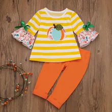 Детская одежда наряды для девочек на Хэллоуин, топы в полоску с тыквой, однотонные штаны Зимняя одежда для маленьких девочек хлопковая одежда с длинными рукавами