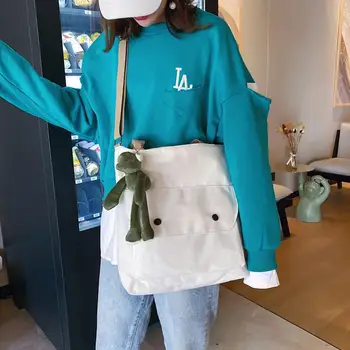 

Women Cute Large Capability Tote Handbag with Frog Pendant Toys Canvas Messenger Bag