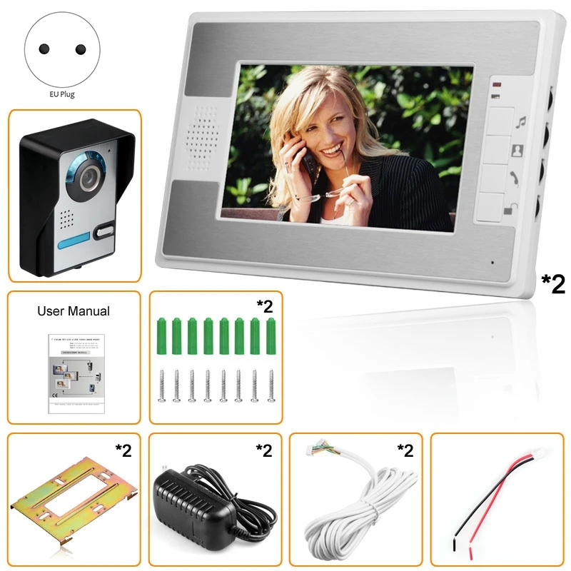 

7Inch Video Intercom Door Phone Doorbell Kit with 2 White Monitor + 1 Camera HD 600TVL Hands Free Monitor Intercom (EU Plug)