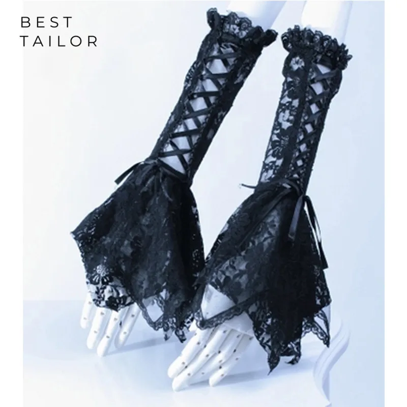 Black White Lace Wedding Gloves Steampunk Lolita Accessoire Retro Mariage Agaric Horn Gotic Cuffs Gant Femme Bridal Accessories | Перчатки