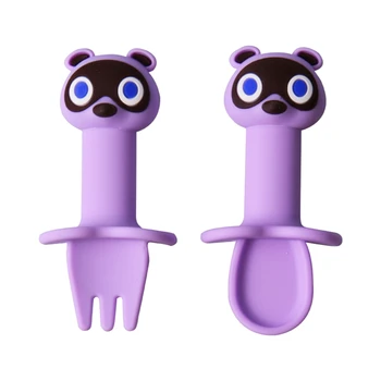 

2Pcs/Set Detachable Baby Spoon Fork Set Cartoon Silicone Teether Toys Tableware L4MC