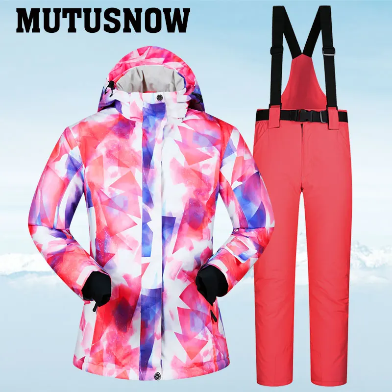 30 °C теплый лыжный костюм женский бренд Женская лыжная куртка и брюки теплые водонепроницаемые дышащие лыжные и сноубордические костюмы - Цвет: CZH  watermelon red