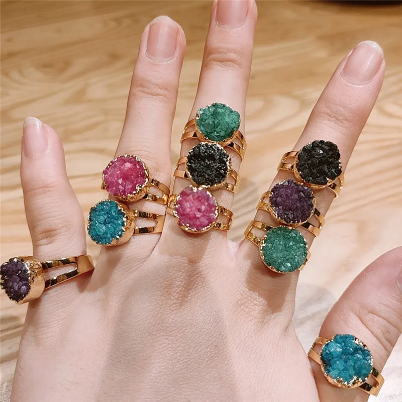 

Natural Druzy Quartz Stone Ring For Women Charm Colorful Irregular Stone Open Adjustable Anel Anillo Jewelry Moon Round Geod