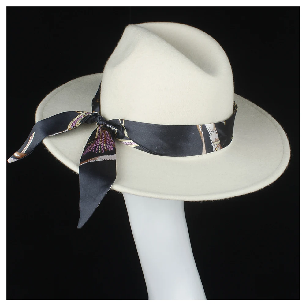 Шерсть аутентичная Женская Белая Шляпа Fedora с лентой широкими полями шляпка для церкви Элегантная Дамская чайная вечерние шляпка Чародейка размер 56-58 см
