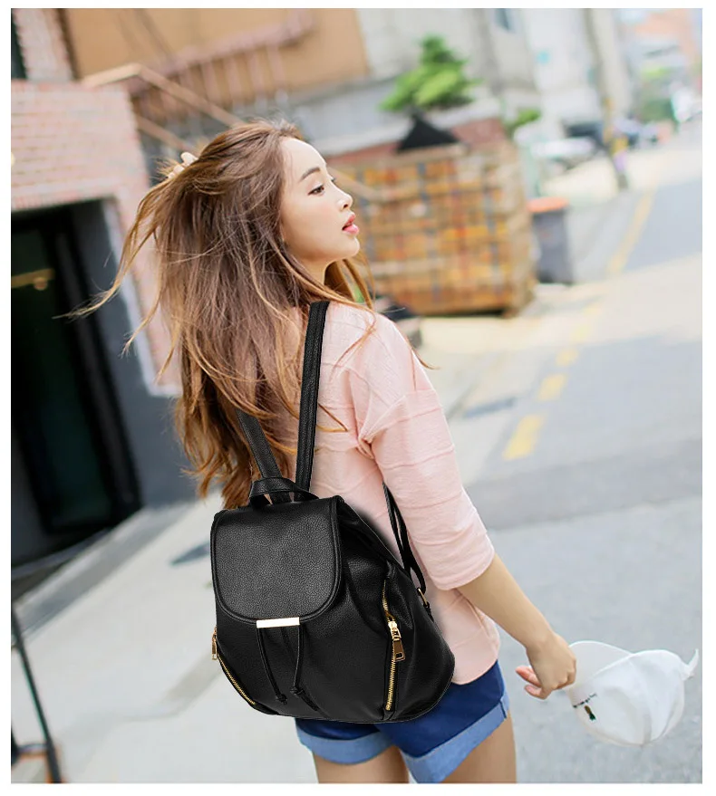 2019 High Quality PU leather Zipper Backpacks Female Small Leisure Backpack Purse College Student Shoulder School Bag Black Pink (4)