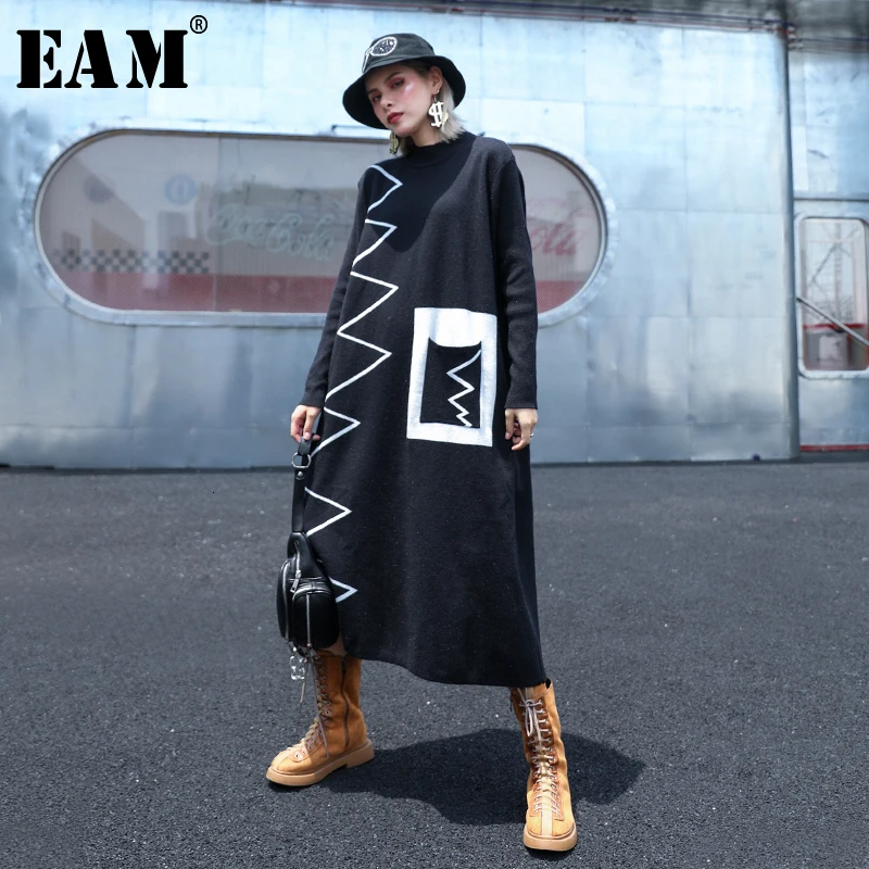 [EAM] Women Black Loose Striped Knitting Sweater Dress New Stand Collar Long Sleeve Loose Fit Fashion Spring Autumn 1D165