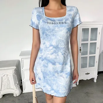 

25037L Summer New Style Retro Square Collar Lettered Embroided Dress Female Slim Fit Slimming Frilled Short Sleeve Skirt