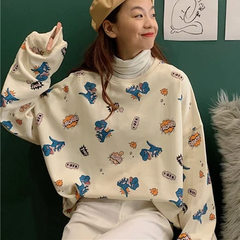 

Tops Women's Small Fresh Dinosaur Print Women Autumn Korean Simple Casual Long Sleeve Cute Loose Round Collar Thin Sweatshirt