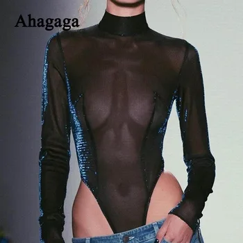 

2019 Autumn Sexy Mesh Bodysuits Women Fashion Hot Sale Long Sleeve Skinny Night Club Women Rompers Female