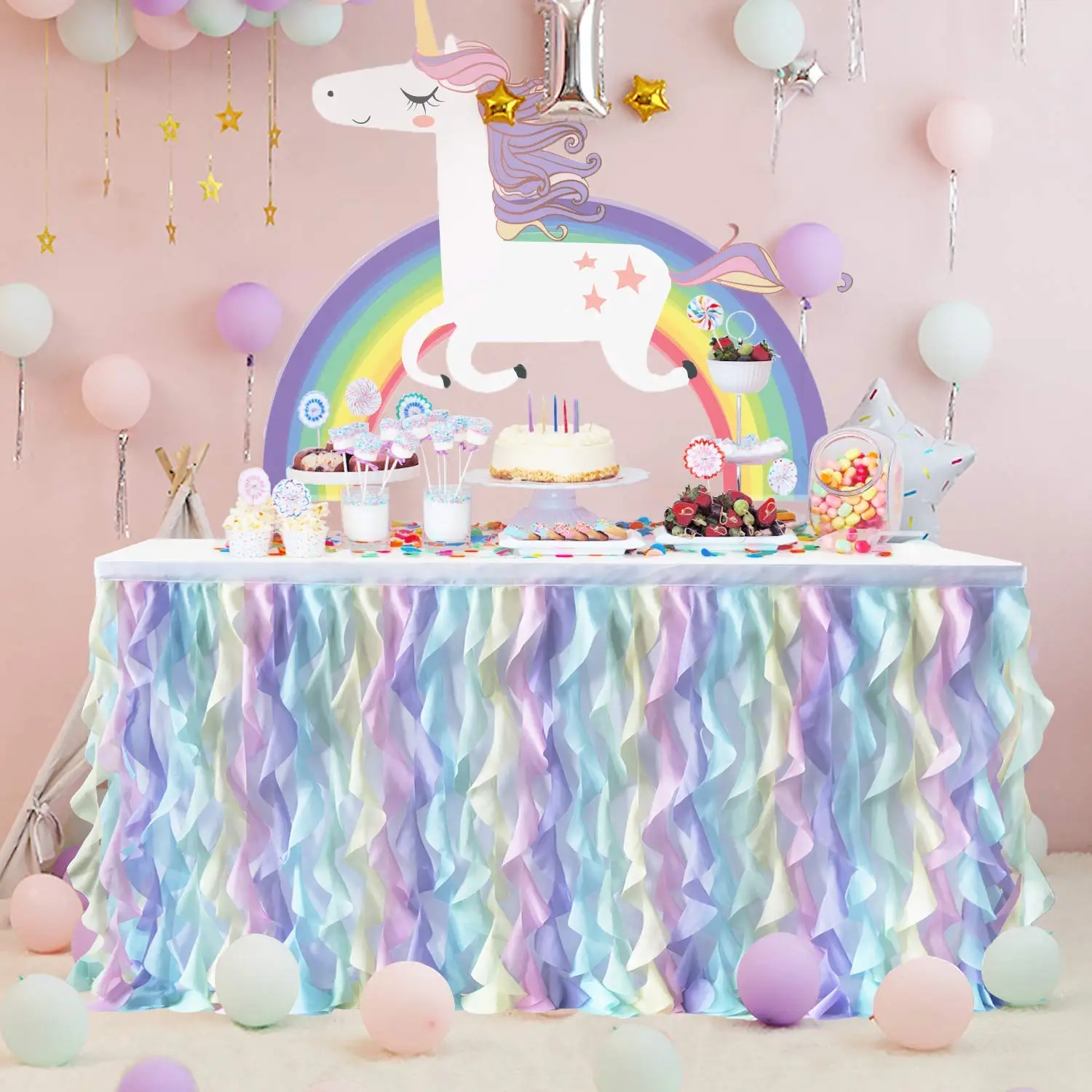 * H 30in Rainbow, L 6 KIXIGO Rainbow Curly Willow Tutu Table Skirt Ruffle Tablecloth for Baby Shower Unicorn Party Decorations ft