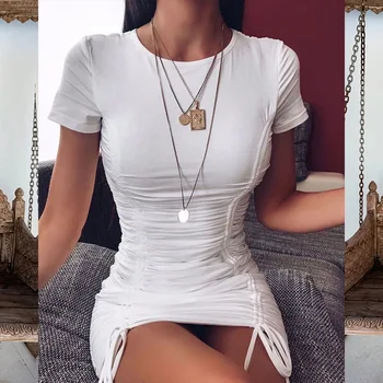 

Summer White Ruched Pleated Bodycon Mini Dress Women Drawstring Short Sleeve Mini Party Dress Solid Basic Skinny Casual Dress