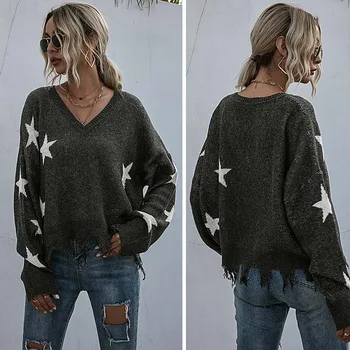 

V-neck Sweater for Women Tassel Knitted Sweater Women Female Tops Long Sleeve Pullover Star Sweaters Grey