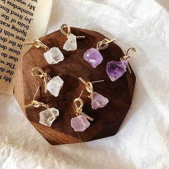 

New Personality Irregular Natural Crystal Pendant Earrings Knotted Metal Asymmetric Earrings Women Jewelry Gift