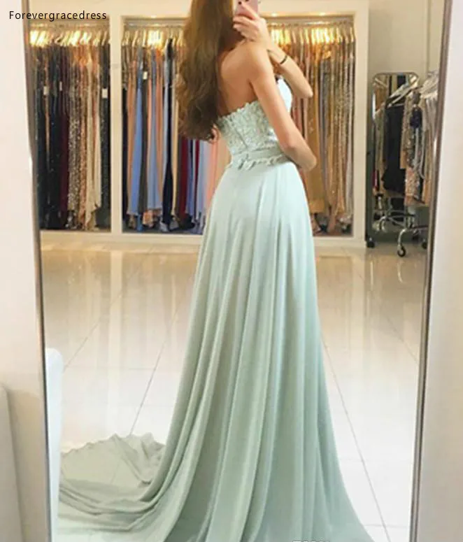 Elegant Lace Chiffon Flow Long Prom Dresses 2017 A Line Sweetheart Appliqued Formal Evening Gowns Floor Length Backless Vesitos 119 (1)