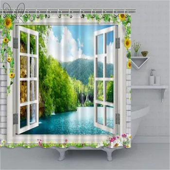 

Simulation 3D Seaview Natural Scenery Waterproof Shower CurtaiN Window View Polyester Fabric Bathroom Curtain Bathing Cover Sets