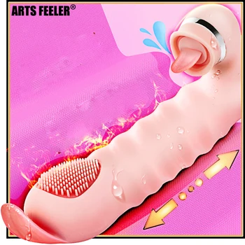 Safe Silicone Dildos Vibrator Realistic Tongue Licking Vibration Telescopic Rabbit Vibrator G Spot Stimulator Sex Toys For Women 6