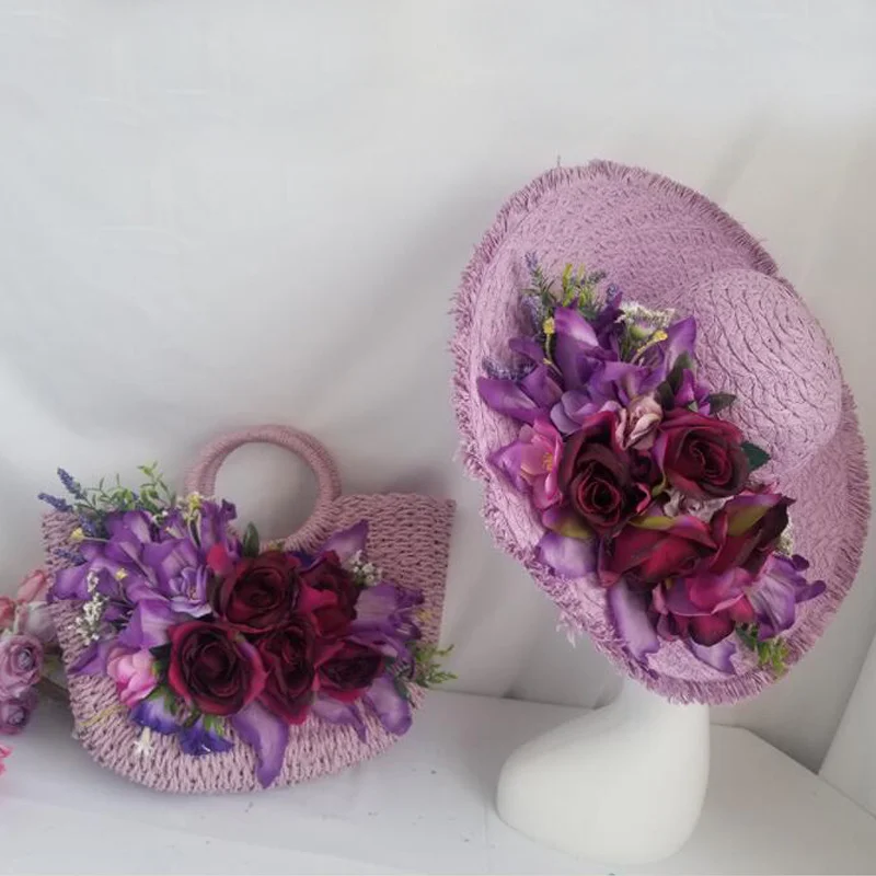 

Woman Straw Bag Round Handle Rattan Bags Purple Handmade Flowers Summer Totes Woven Beach Girls Travel Handbags With Hat