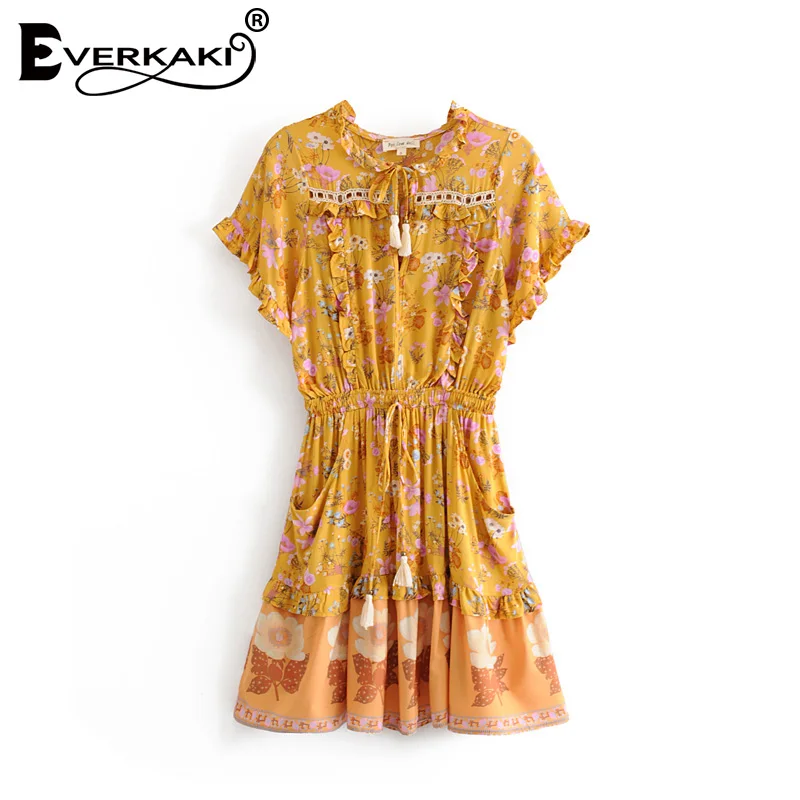 Everkaki/цыганское мини-платье с цветочным принтом для женщин, Vestidos, с кисточками, с завязками на шее, эластичные пояса, Boho, летние платья, женские,, Осенние