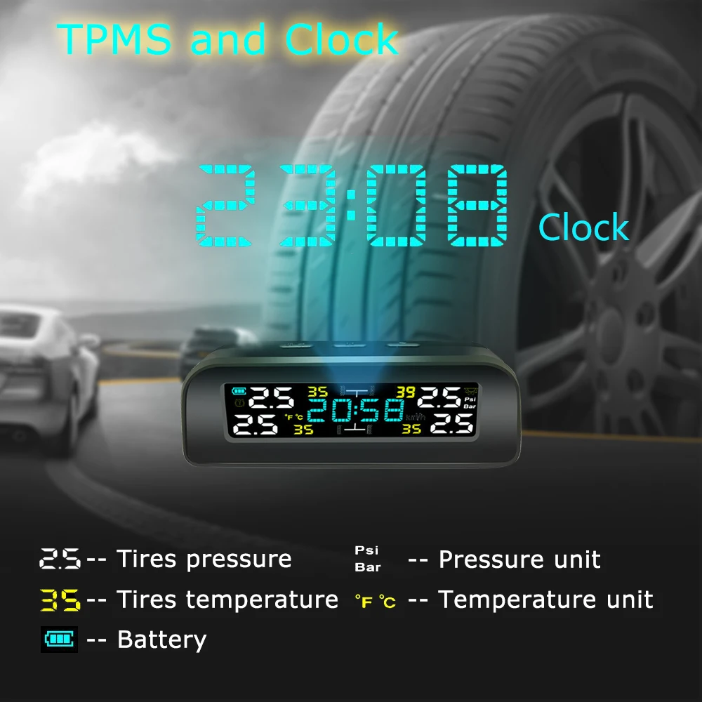 Universal TPMS Wireless Tire Pressure Monitoring System Solar Power Clock LCD Display 4 External Sensor Tire Pressure Sensors