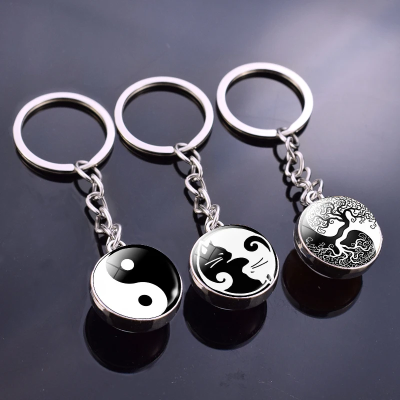 

Yin Yang Taichi Symbols Keychain Tree of Life Yin Yang Cat Glass Ball Key Chain Glass Ball Cabochon Pendant Jewelry Women Gift