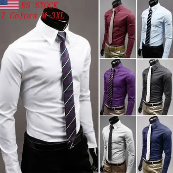 

Luxury Men's Casual Dress Shirt Slim Fit Formal Solid Top 7 Colors 5 Sz