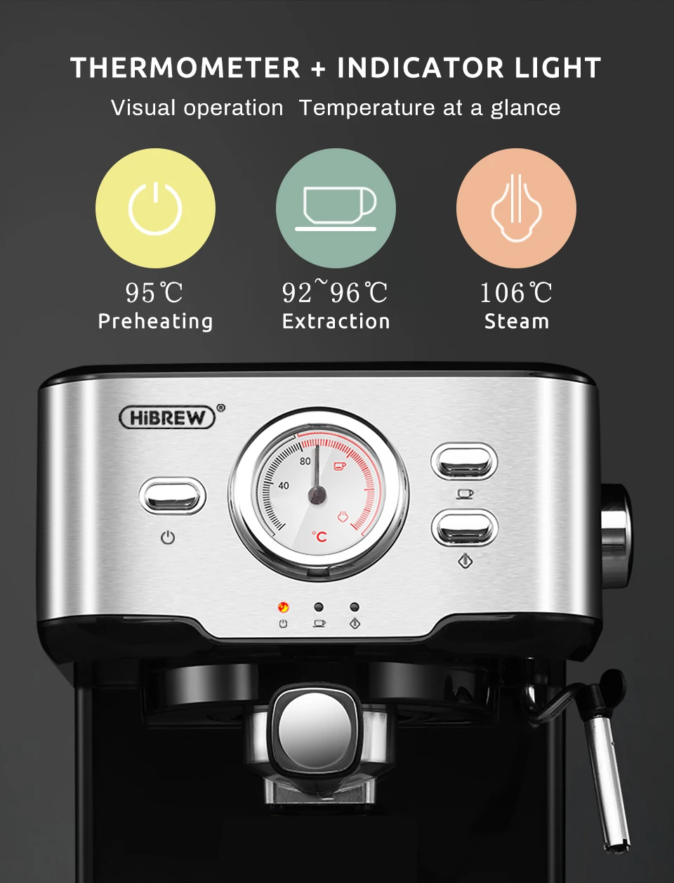 HiBREW 20 Bar Espresso inox Semi Automatic Coffee Machine Cafetera H5
