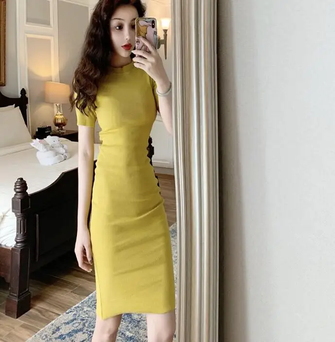 yellow dress Женское платье Лето-Осень, короткий рукав, стрейчевое, трикотажное, хлопковое, сексуальное, фиолетовое, миди, корейское, элегантное, облегающее, для девушек, Vestidos - Цвет: yellow dress