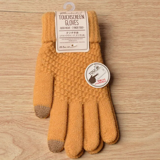 Зимние перчатки для сенсорного экрана для женщин и мужчин, теплые эластичные вязаные варежки, имитация шерсти, полный палец, женские вязаные перчатки - Цвет: Цвет: желтый