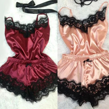 

Women's Sleepwear Sexy Satin Pajama Set Black Lace V-Neck Pyjamas Sleeveless Cute Cami Top and Shorts